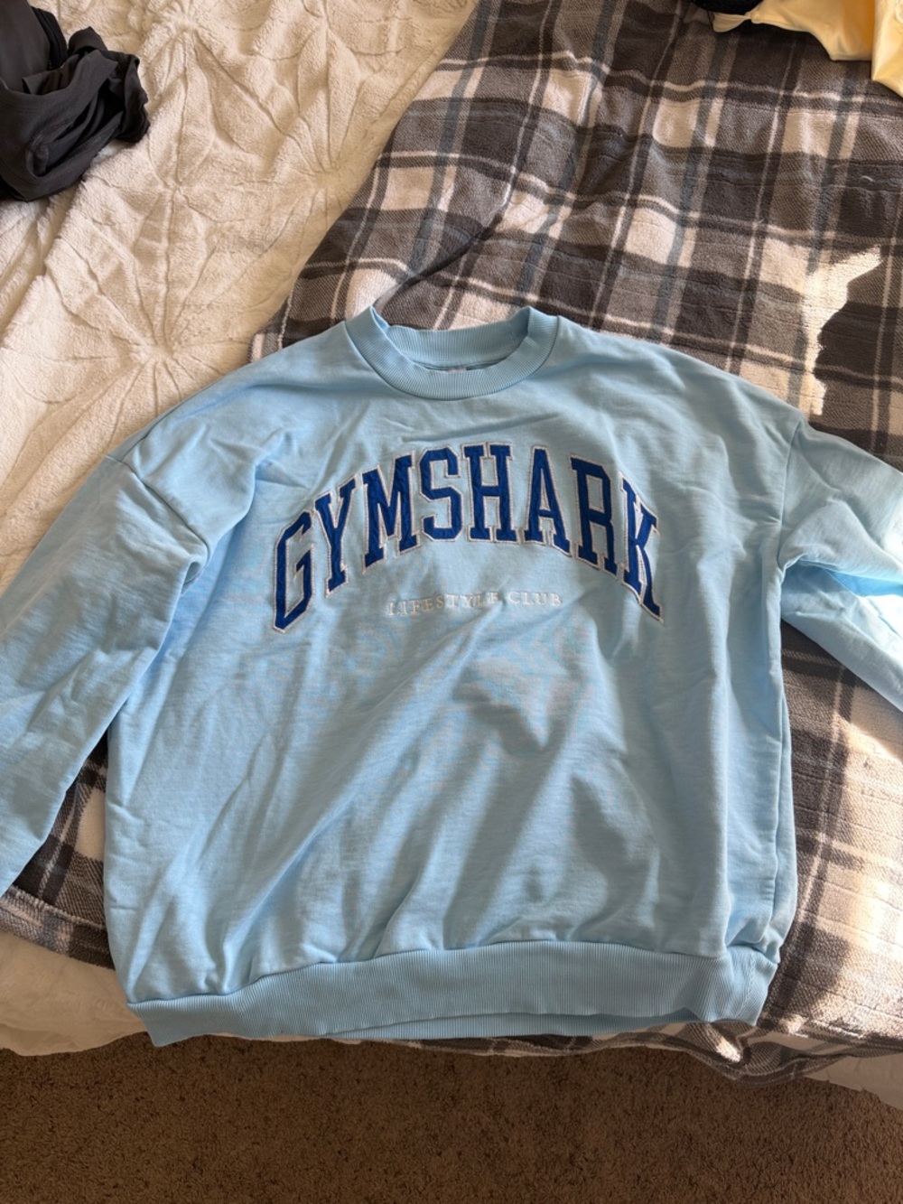 Gymshark womens Light Blue Crewneck with Navy Arch Logo. WORN ONCE